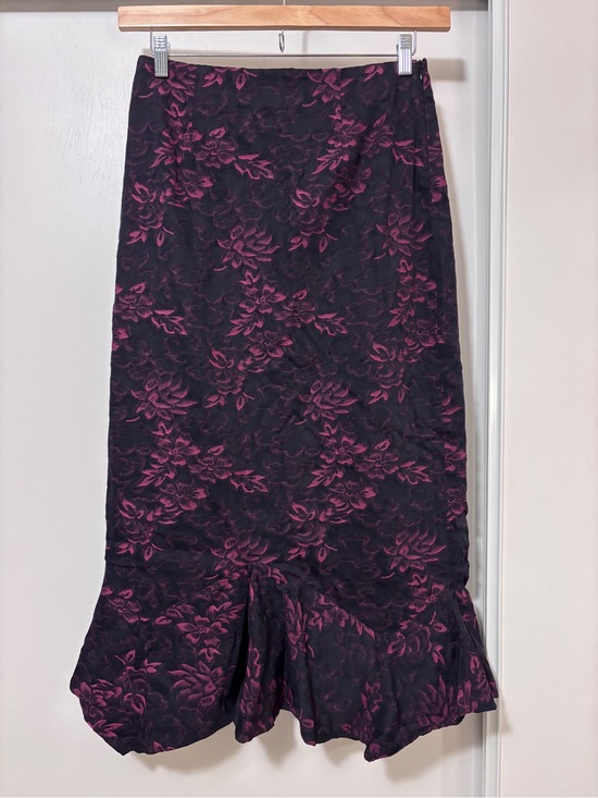 Vintage Dresses & Skirts - Vintage Whimsigoth Midi Skirt Size M Black Floral Dark Romantic Vampire Trumpet